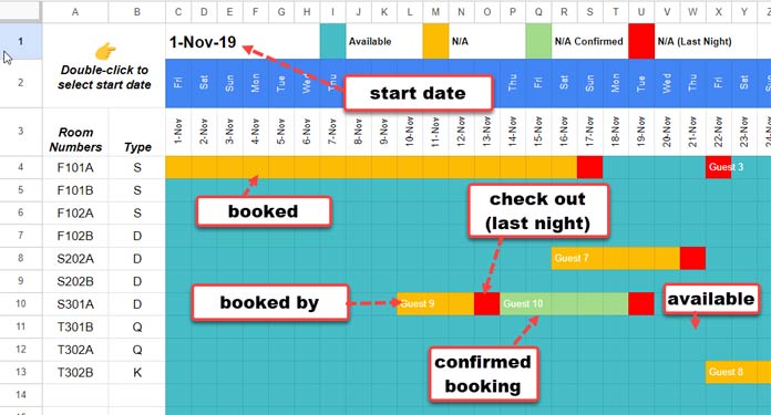 Reservation and Booking Status Calendar Template in Google Sheets