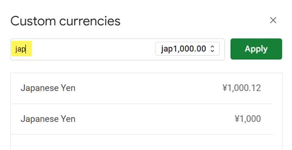 Screenshot of the currency format settings for foreign currencies in Google Sheets
