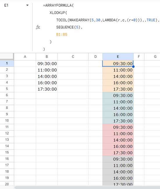 Create custom time slot sequences in Google Sheets