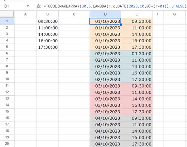 Date sequence for custom time slots in Google Sheets