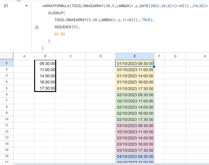 Create date sequences with custom time slots in datetime format in Google Sheets