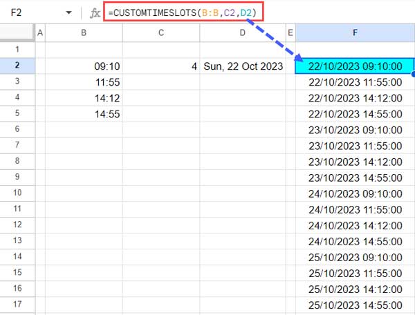 CUSTOMTIMESLOTS named function in Google Sheets