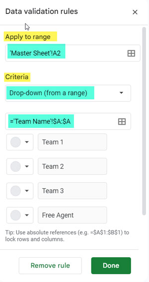 Drop-down menu with team selection