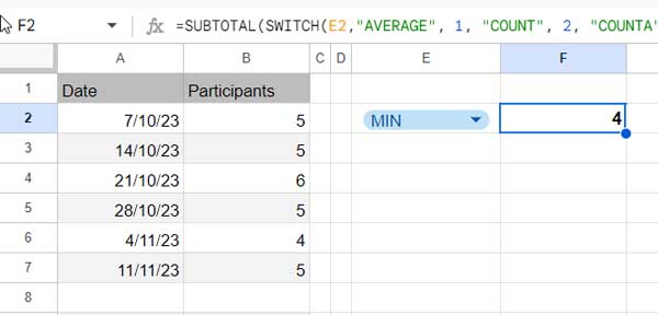 How to use dynamic function numbers in the SUBTOTAL function in Google Sheets