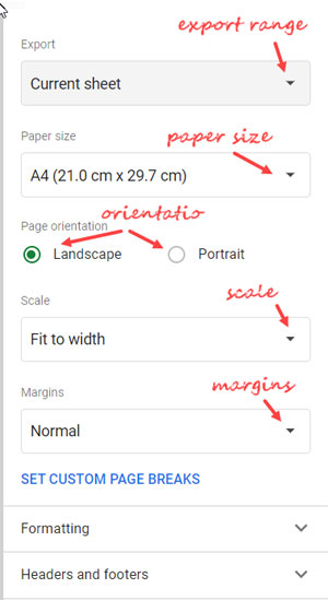 Google Sheets file export settings for PDF