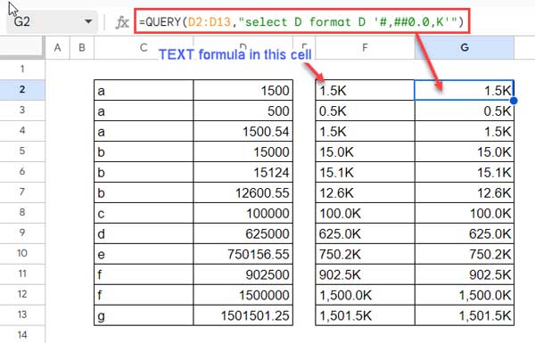 Using QUERY and TEXT Functions to Convert Numbers to Thousands