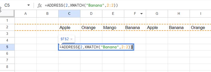 Use XMATCH and ADDRESS to Match a Value Horizontally and Return the Cell ID in Google Sheets