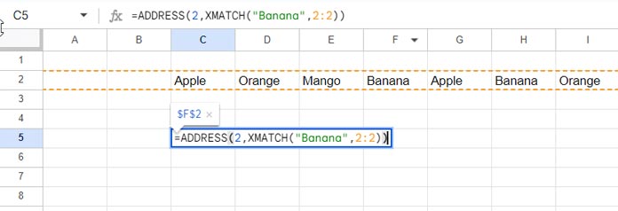 Utiliser XMATCH et ADRESSE pour faire correspondre une valeur horizontalement et renvoyer l'identifiant de cellule dans Google Sheets