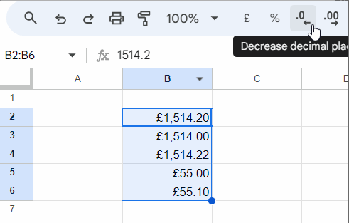 Increase or decrease the number of decimal places in a cell range using the Quick Access Toolbar buttons