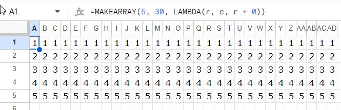 Create a 3x30 matrix array in Google Sheets