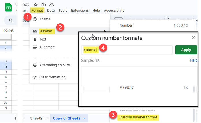 Steps: Custom Number Formatting to Format Numbers To Thousands