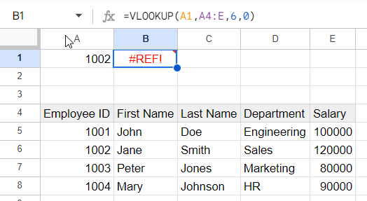 How to fix a #REF! error caused by an out-of-bounds range in VLOOKUP