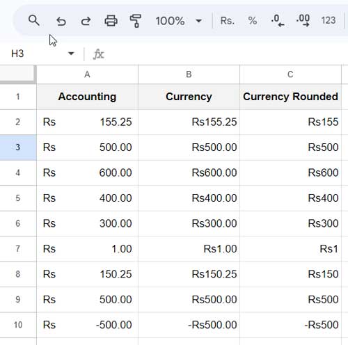 Screenshot of the currency format settings in Google Sheets
