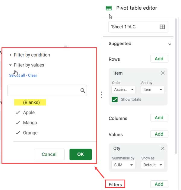 Google Sheets pivot table filter to remove blank rows