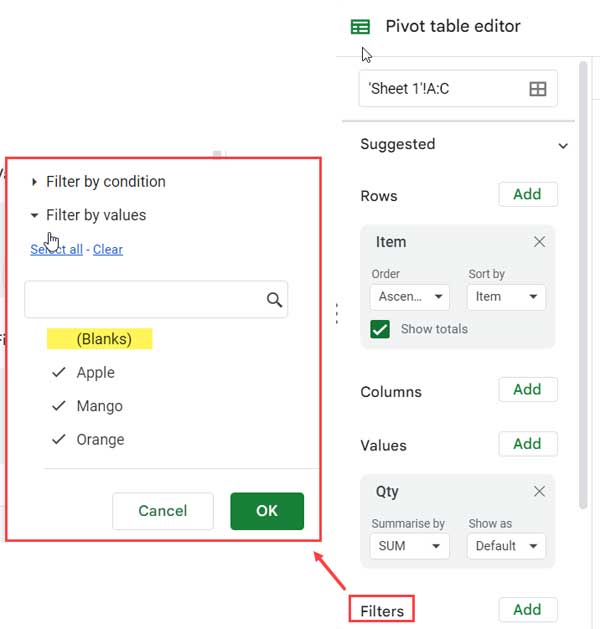 Filtre de tableau croisé dynamique Google Sheets pour supprimer les lignes vides