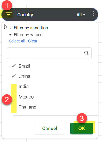 Steps to add a slicer to filter a bar chart in Google Sheets.