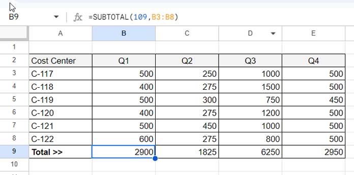 SUBTOTAL Array Formula in Google Sheets