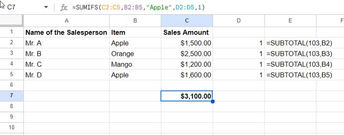 Subtotal function used with conditions in Google Sheets