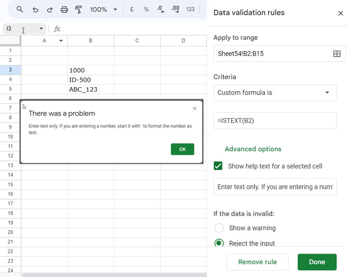 Validation Custom Rule to Prevent Invalid Data Entry in Google Sheets