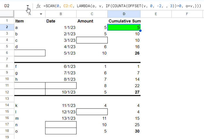 Using SCAN and OFFSET Functions to Skip Blank Rows in Cumulative Sum