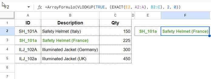 Case Sensitive VLOOKUP Formula in Google Sheets