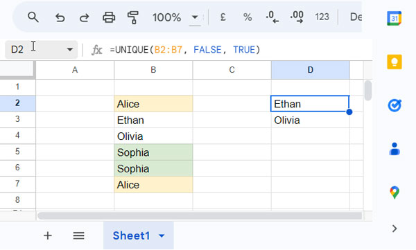 Identifying Distinct Values in Google Sheets