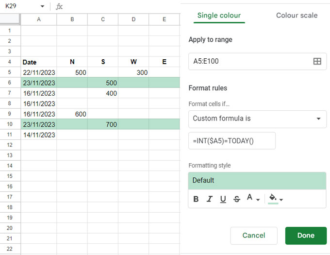 Highlighting an entire row using conditional formatting in Google Sheets