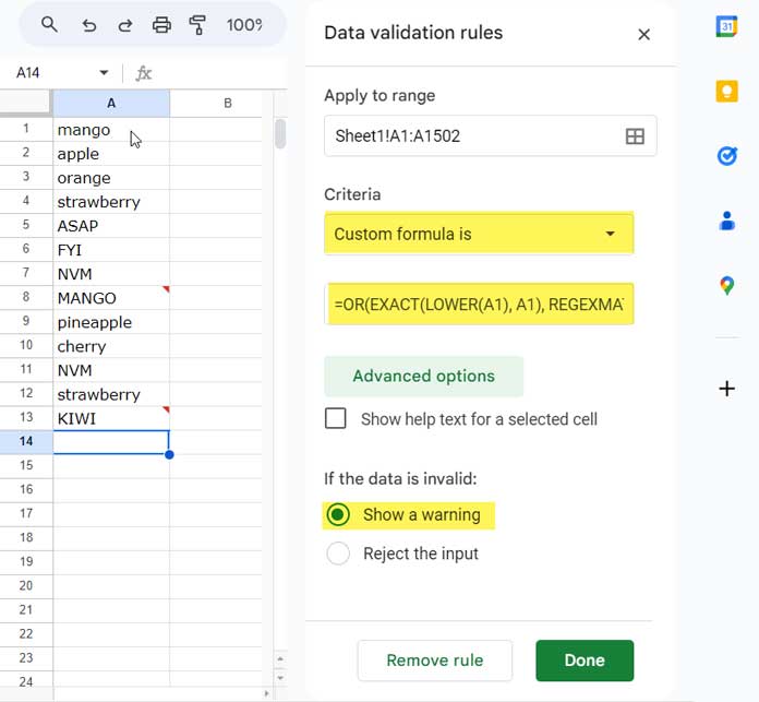 Data Validation Rule to Restrict Text Entry to Lower Case Except Certain Words