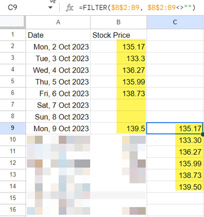 Filtering to Exclude Blank Cells in the Stock Price Data