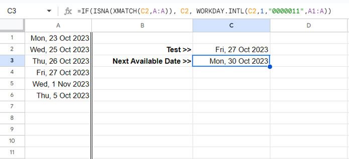 Formula to Generate Next Available Date in Google Sheets