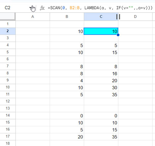 Resetting Running Total at Blank Cells in a Single Column in Google Sheets