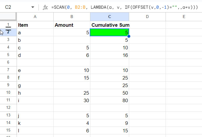 Resetting Running Total at Blank Rows in Multiple-Column Data