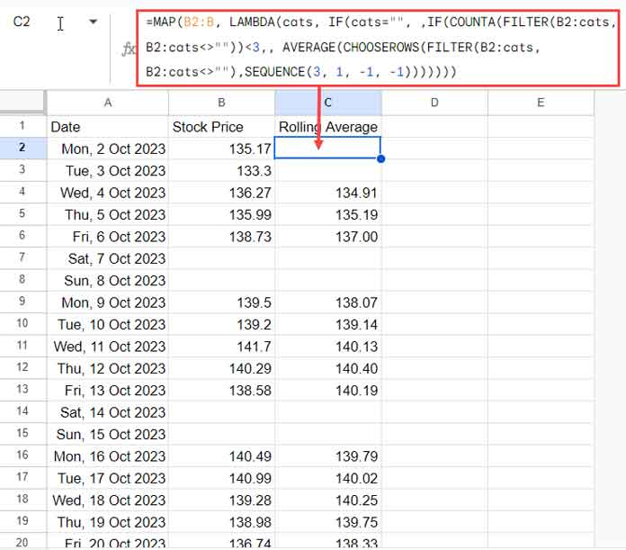 Rolling Average Array Formula: Excluding Blank Cells and Maintaining Alignment