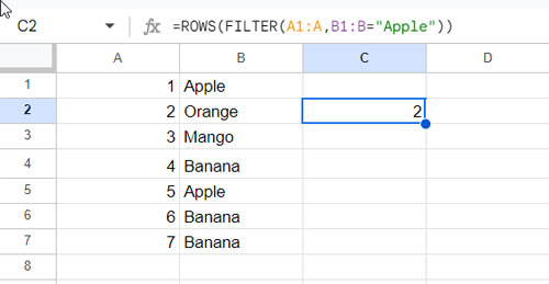 Basic Examples of the ROWS Function in Google Sheets