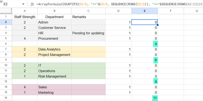 Illustrating the running count of non-blank cells in blank rows.