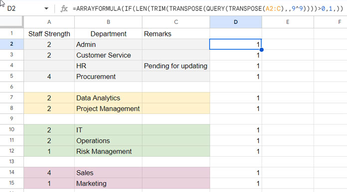 Visual representation of a formula returning 1 or null based on the emptiness of rows in a dataset.