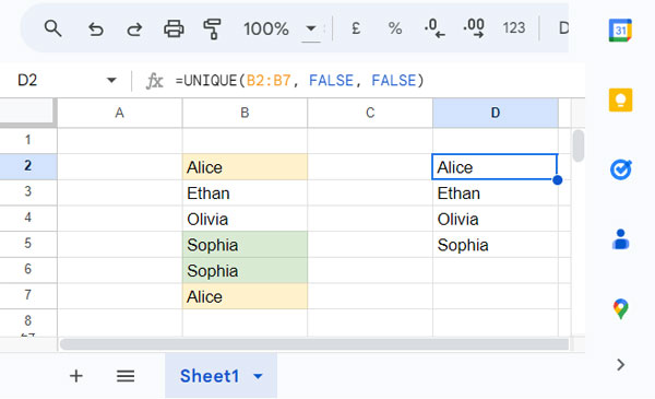 Identifying Unique Values in a Row-Wise List Using Google Sheets
