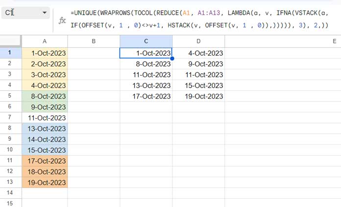 Screenshot showcasing a formula example for converting consecutive dates to date ranges in Google Sheets.
