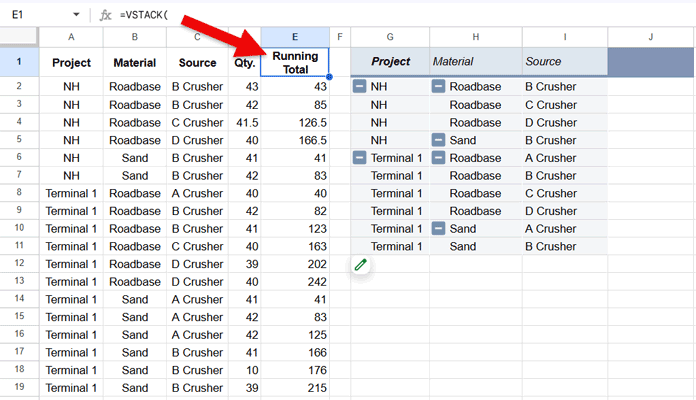 running total helper column formula result highlighted in google sheets