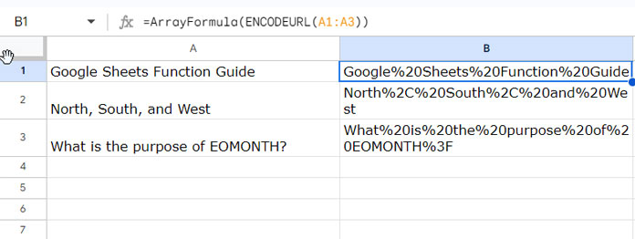 ENCODEURL Function Basic Example in Google Sheets
