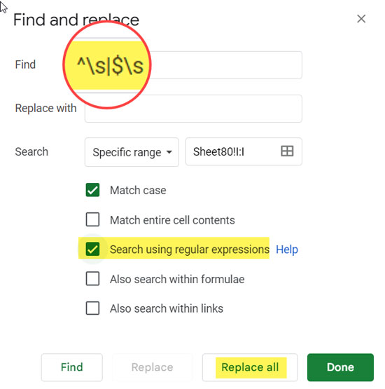 Regular expression to trim/remove leading, trailing, and extra spaces in Google Sheets