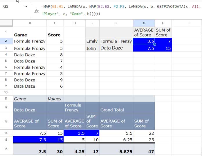 GETPIVOTDATA Array Formula Extracting Multiple Values with Row and Column Grouping (Nested MAP, e.g. 2)