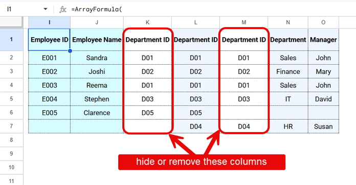 Full join result in Google Sheets with the duplicate Department ID columns highlighted for removal