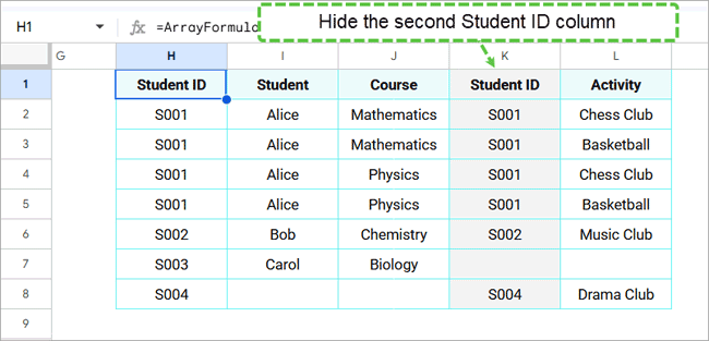 Result of a Google Sheets FULL JOIN with duplicate Student ID values, showing all rows from the Student Course Table and Student Activity Table, with matching Student ID values combined where possible