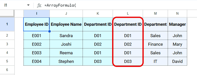 Result of an inner join in Google Sheets showing matching employee and department records