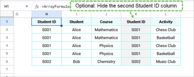 Result of a Google Sheets INNER JOIN with duplicate Student ID values, showing only the rows with matching Student ID values in both the Student Course Table and the Student Activity Table