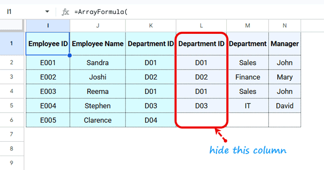 Result of a left join in Google Sheets showing employee records with matching department details