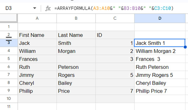 Array formula returns extra spaces in Google Sheets