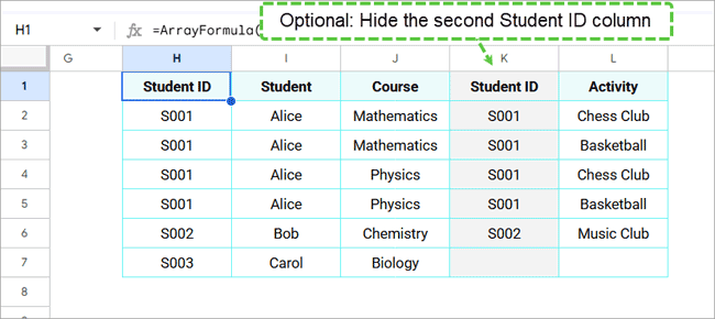 Result of a Google Sheets LEFT JOIN with duplicate Student ID values, showing all rows from the Student Course Table and matching activities from the Student Activity Table