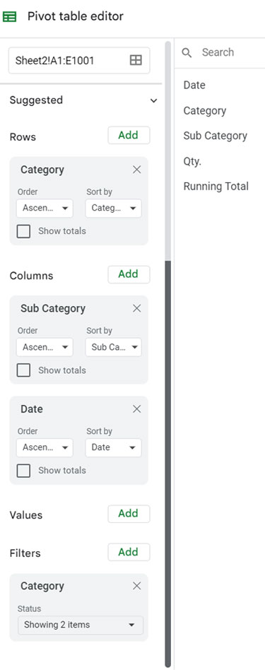 Pivot Editor Panel Settings for the Second Pivot Table